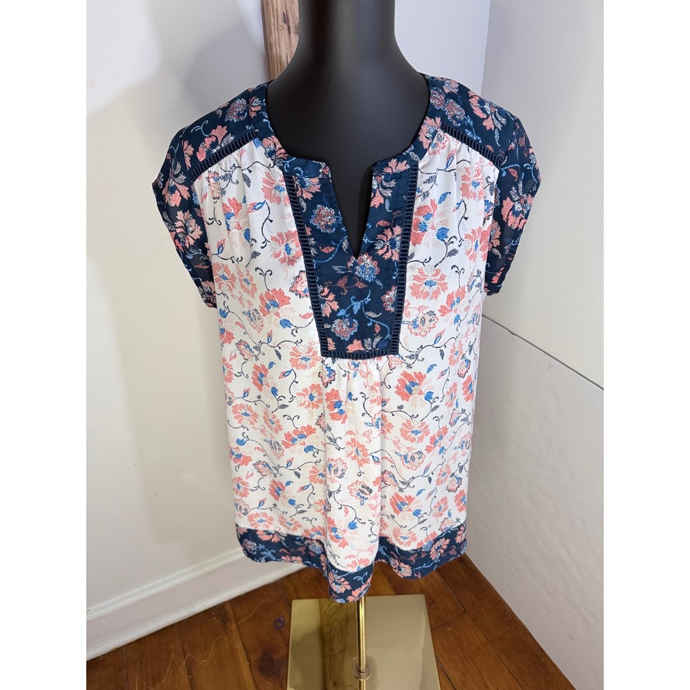 DR2 Floral Mixed Print Sleeveless Blouse Size Large Navy Coral Top